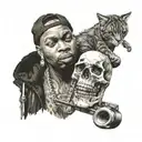 A realistic portrait of a famous hip-hop artist with a pet skull incorporated into the design tattoo design idea