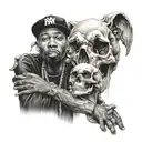 A realistic portrait of a famous hip-hop artist with a pet skull incorporated into the design tattoo design idea