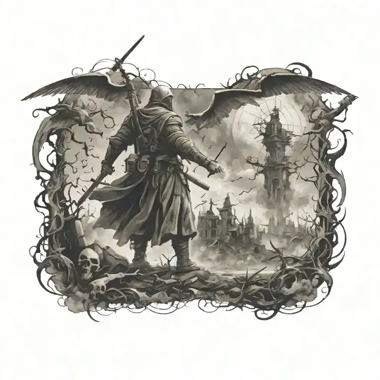 A tattoo design of a battlefield with a heavenly figure overseeing the chaos, representing the presence of God in times of war tattoo design idea