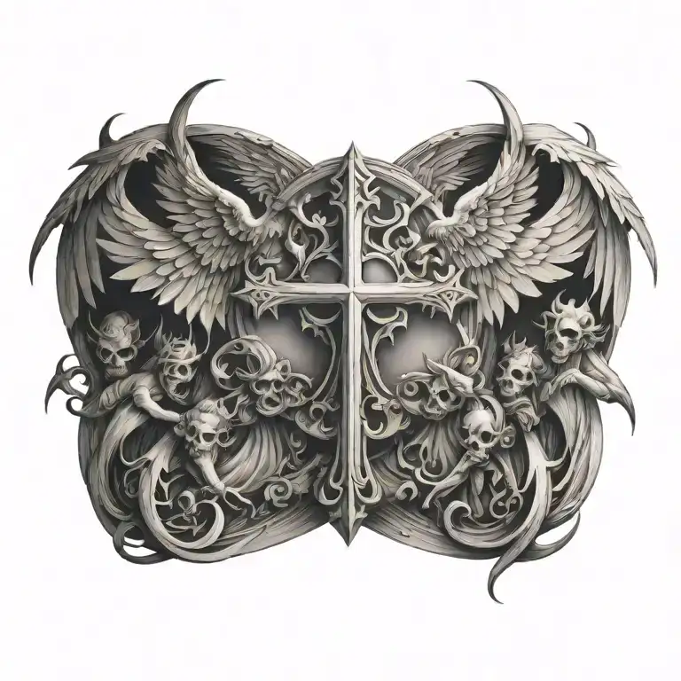 cross in the center angels and demons on each side tattoo design idea
