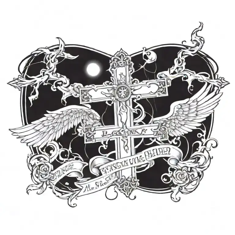 A cross in the middle with angels on one side and demons on the other with the phrase "forgive me Lord For I Sin" above  tattoo design idea