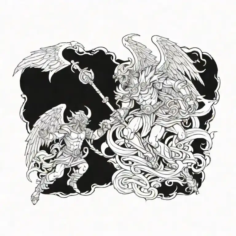 A tattoo design featuring a powerful angel and a sinister demon locked in battle, symbolizing the eternal struggle between good and evil tattoo design idea