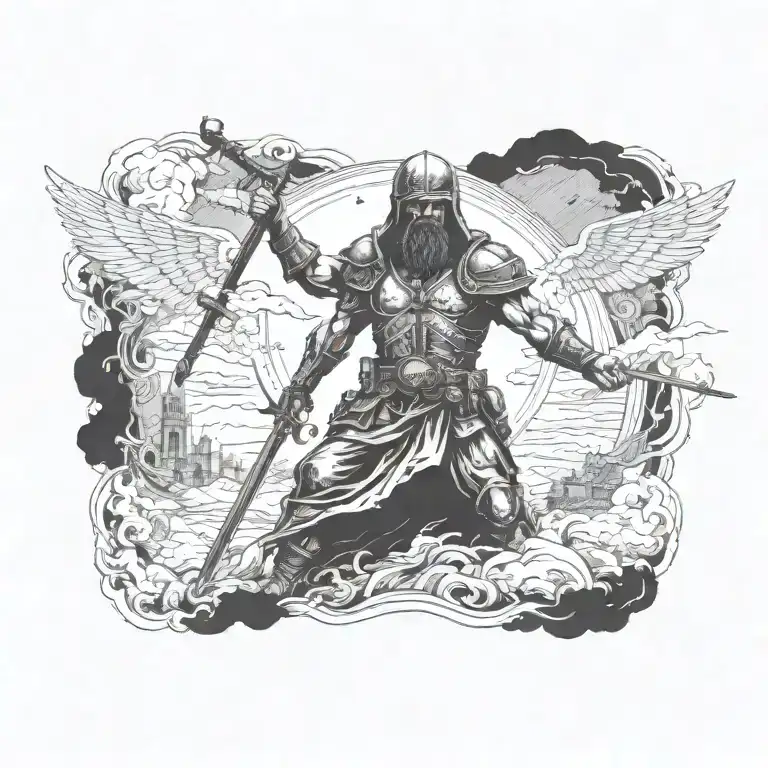 A tattoo design of a battlefield with a heavenly figure overseeing the chaos, representing the presence of God in times of war tattoo design idea