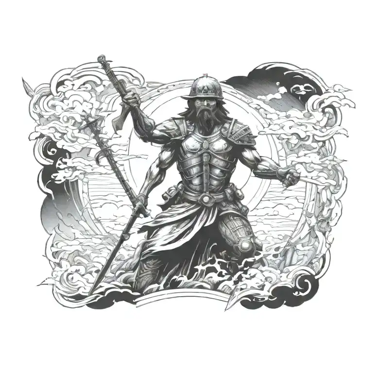A tattoo design of a battlefield with a heavenly figure overseeing the chaos, representing the presence of God in times of war tattoo design idea