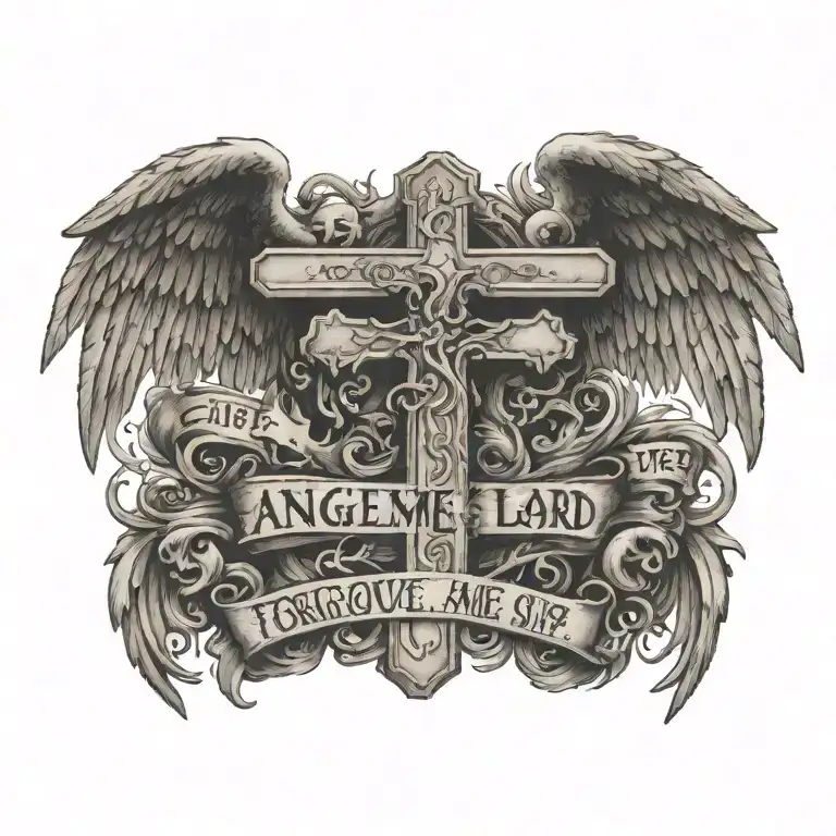 A cross in the middle with angels on one side and demons on the other with the phrase "forgive me Lord For I Sin" above  tattoo design idea