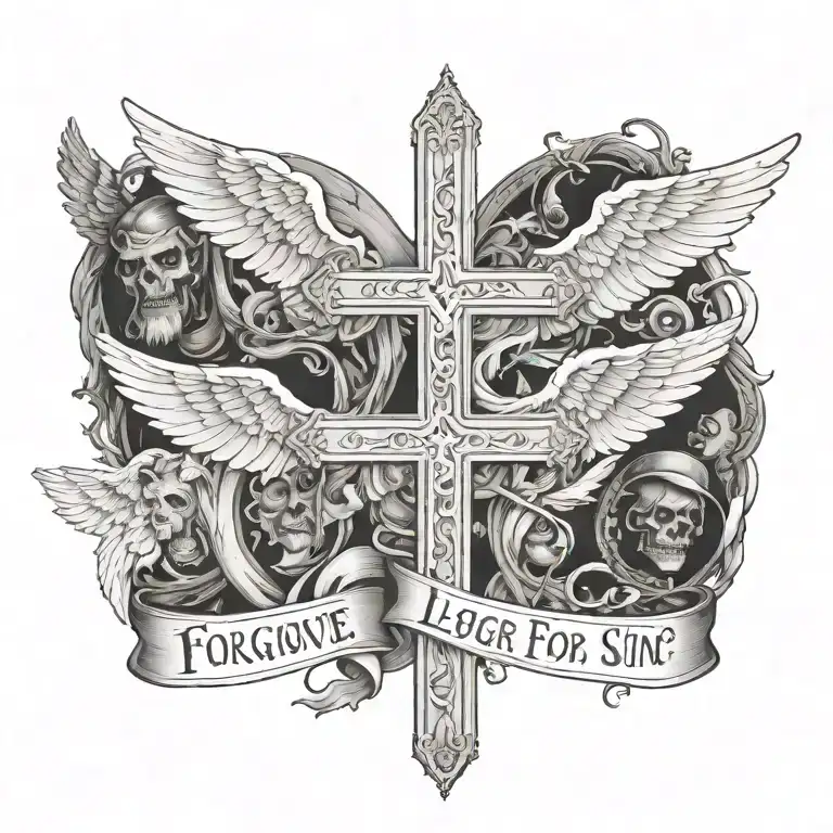 A cross in the middle with angels on one side and demons on the other with the phrase "forgive me Lord For I Sin" above  tattoo design idea