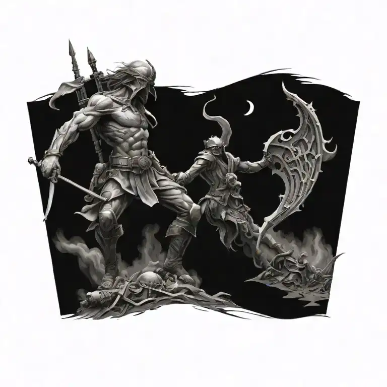 A tattoo design of a battlefield with a heavenly figure overseeing the chaos, representing the presence of God in times of war tattoo design idea