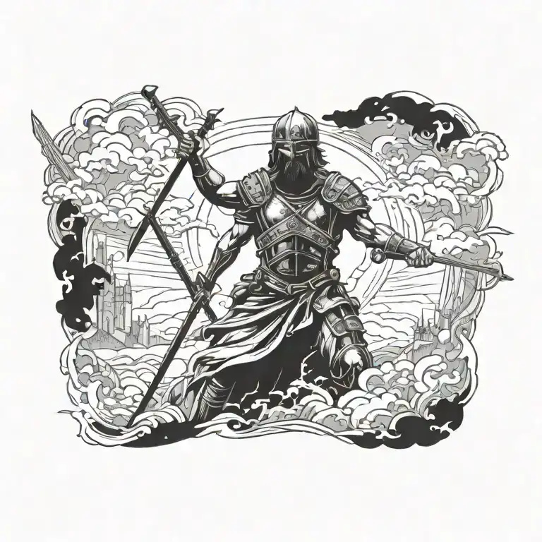 A tattoo design of a battlefield with a heavenly figure overseeing the chaos, representing the presence of God in times of war tattoo design idea