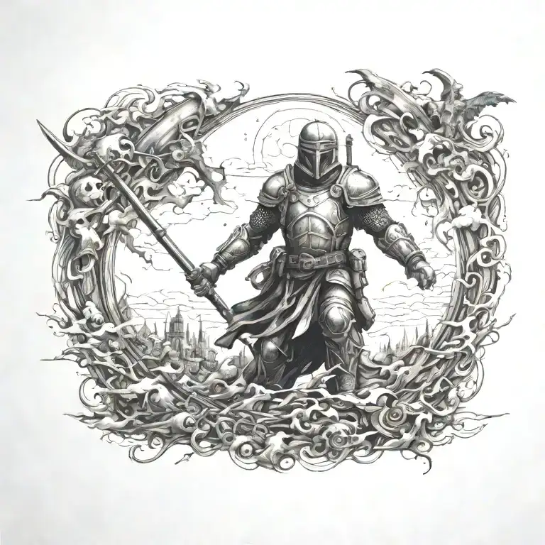 A tattoo design of a battlefield with a heavenly figure overseeing the chaos, representing the presence of God in times of war tattoo design idea