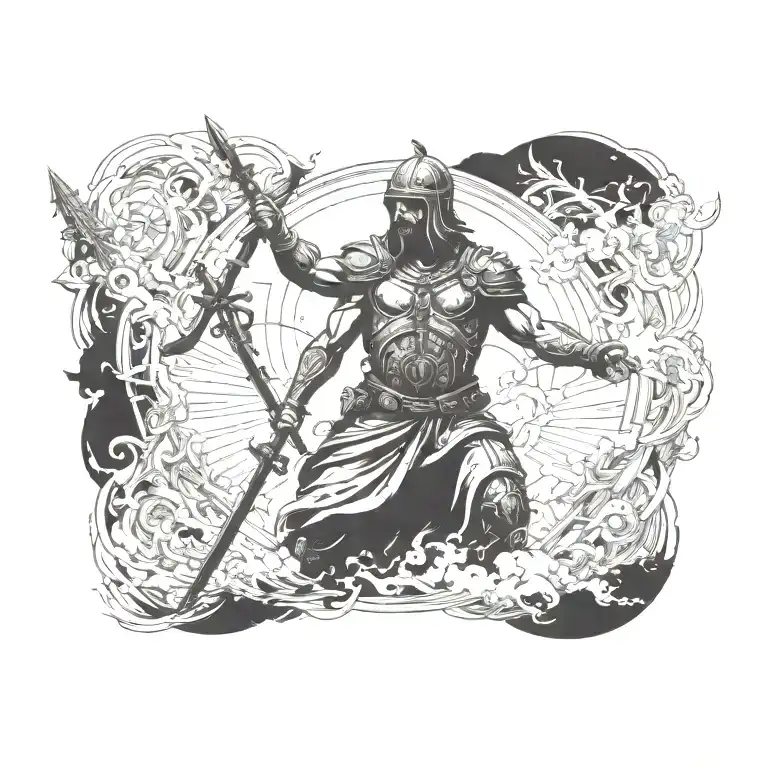 A tattoo design of a battlefield with a heavenly figure overseeing the chaos, representing the presence of God in times of war tattoo design idea