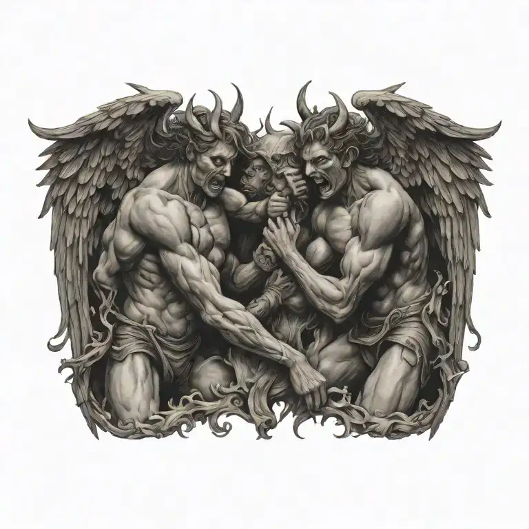 angels and demons fighting tattoo design idea
