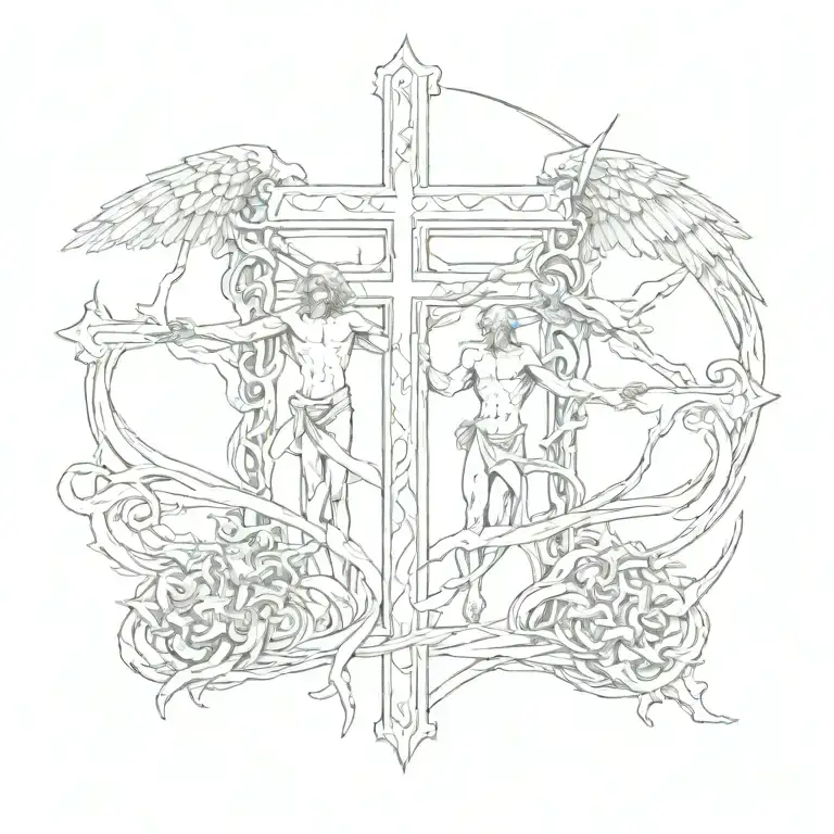 A cross in the middle with angels on one side and demons on the other with the phrase "Forgive Me Father For I Sin"  tattoo design idea