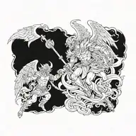 A tattoo design featuring a powerful angel and a sinister demon locked in battle, symbolizing the eternal struggle between good and evil tattoo design idea