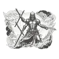 A tattoo design of a battlefield with a heavenly figure overseeing the chaos, representing the presence of God in times of war tattoo design idea