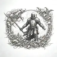 A tattoo design of a battlefield with a heavenly figure overseeing the chaos, representing the presence of God in times of war tattoo design idea