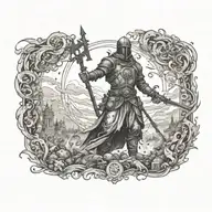 A tattoo design of a battlefield with a heavenly figure overseeing the chaos, representing the presence of God in times of war tattoo design idea