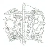 A cross in the middle with angels on one side and demons on the other with the phrase "Forgive Me Father For I Sin"  tattoo design idea