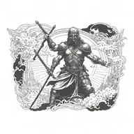 A tattoo design of a battlefield with a heavenly figure overseeing the chaos, representing the presence of God in times of war tattoo design idea