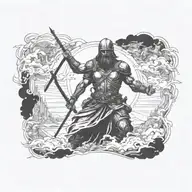 A tattoo design of a battlefield with a heavenly figure overseeing the chaos, representing the presence of God in times of war tattoo design idea