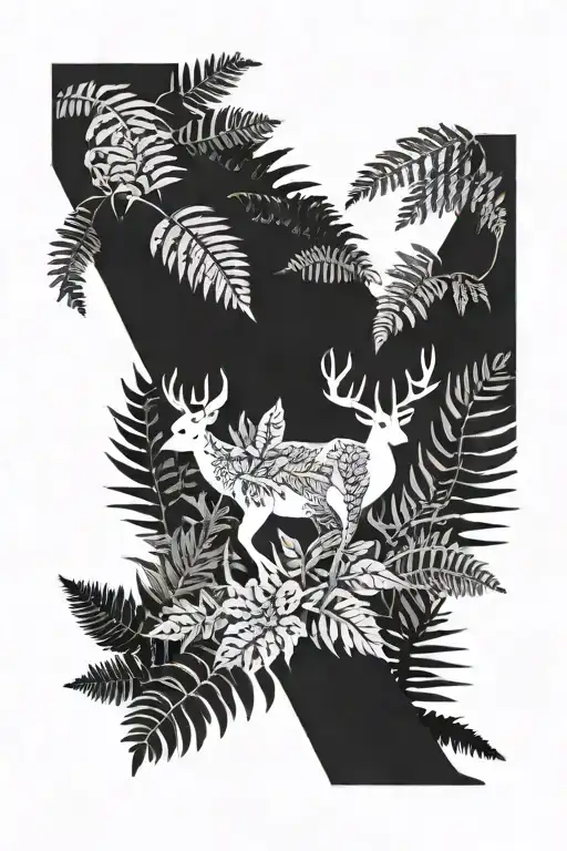 somethings likes Ellie tattoo, a ferns like plants as wallpaper and a deer placed on it  tattoo design idea