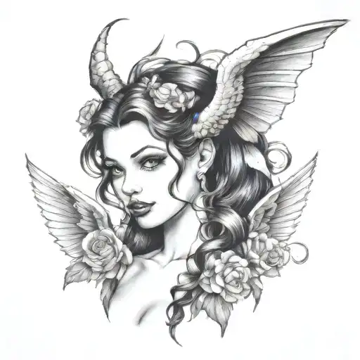 a pin up girl with gargoyle horns and engel wings  close up looking forward with black hair  tattoo design idea