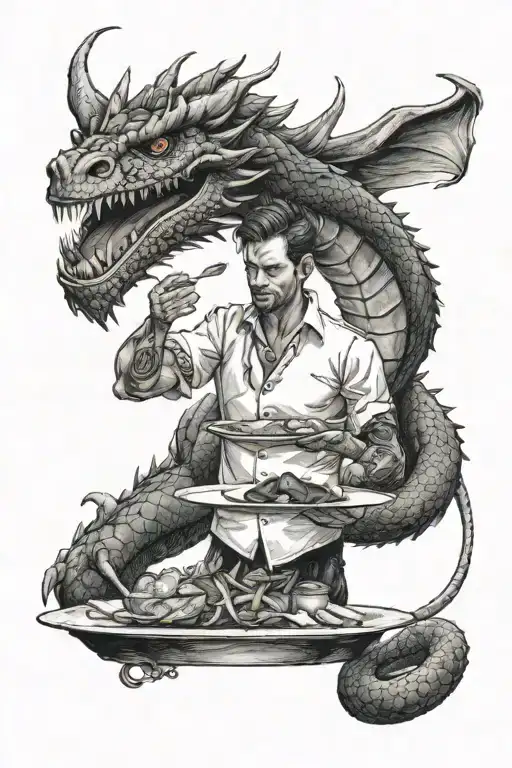 A waiter balancing a tray of food on one hand with a dragon wrapping around his arm tattoo design idea