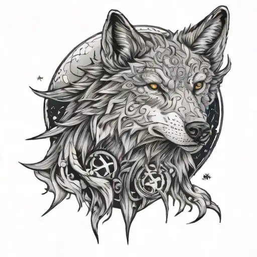 a bloodily wounded wolf howls at the moon, and at a star that guides him on the tortuous path he still has to face tattoo design idea