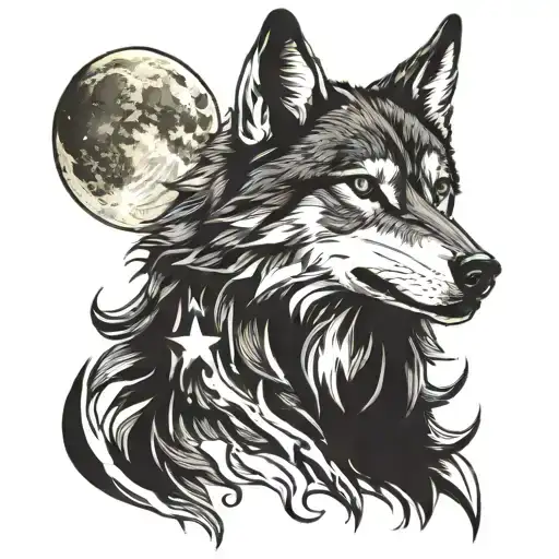 a bloodily wounded wolf howls at the moon, and at a star that guides him on the tortuous path he still has to face tattoo design idea