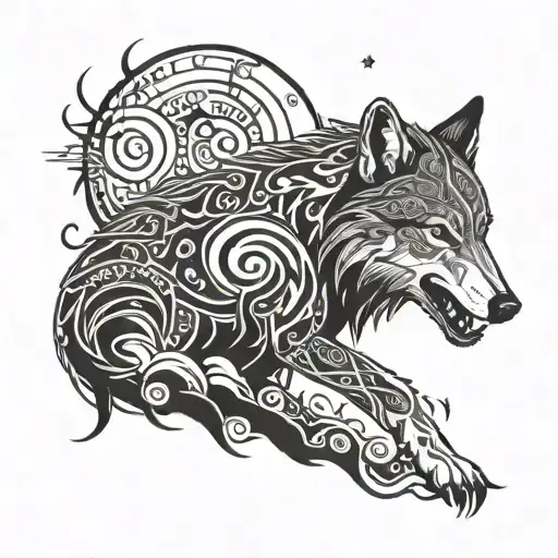 a bloodily wounded wolf howls at the moon, and at a star that guides him on the tortuous path he still has to face tattoo design idea
