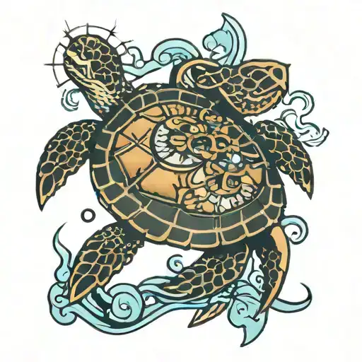 sea turtle with compass tattoo design idea