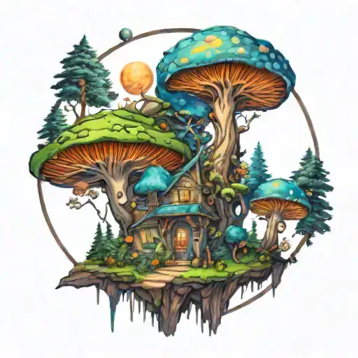 time and space and magic mushrooms forest landscape tattoo design idea