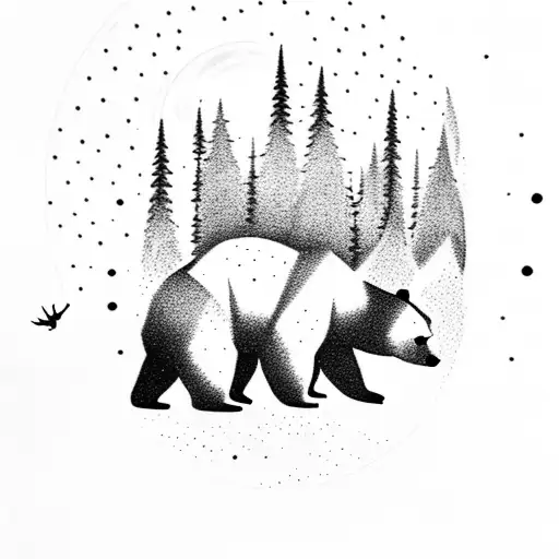 A silhouette of a bear walking through an ancient forest, with constellations of the 1800's night sky above. tattoo design idea