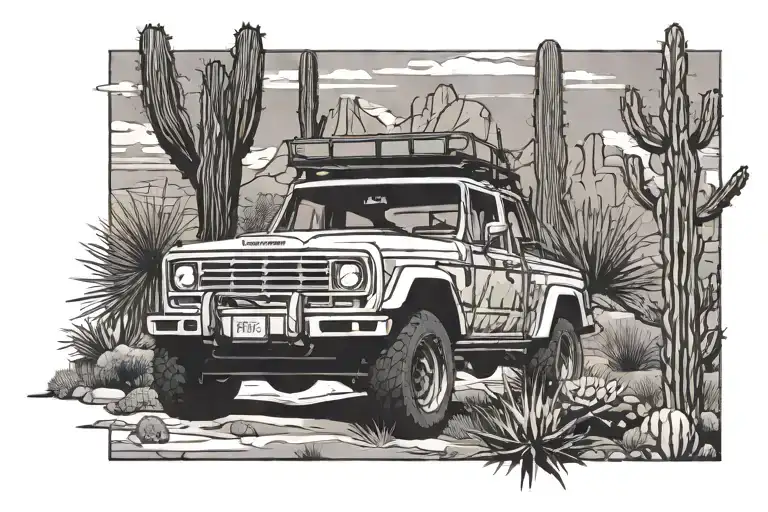 black and white stencil simple jeep truck climbing steps in cactus garden  tattoo design idea
