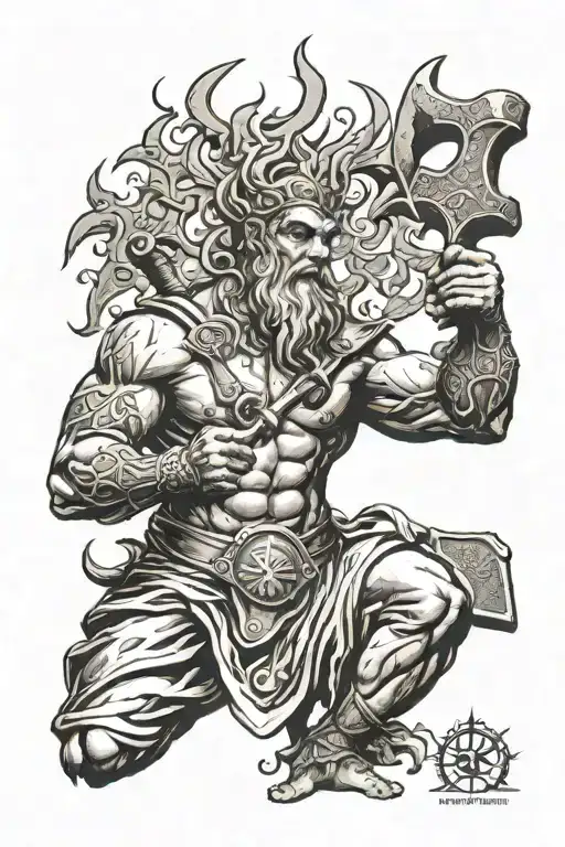 Greek God of fire flames holding a hammer ingraved with Runes and fire  tattoo design idea