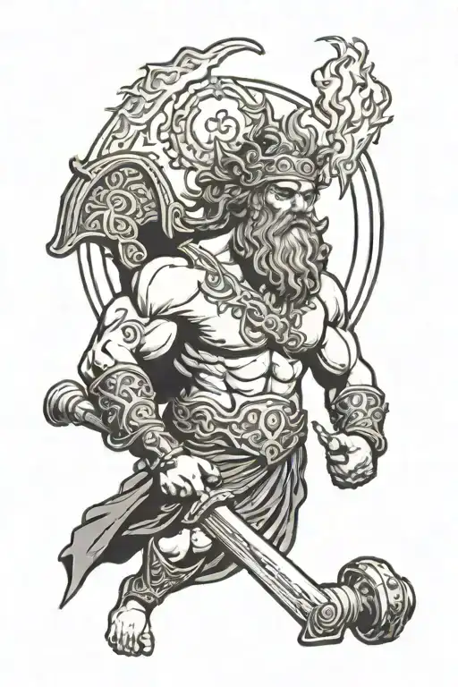 Greek God of fire holding his hammer and around him fire chaos  tattoo design idea