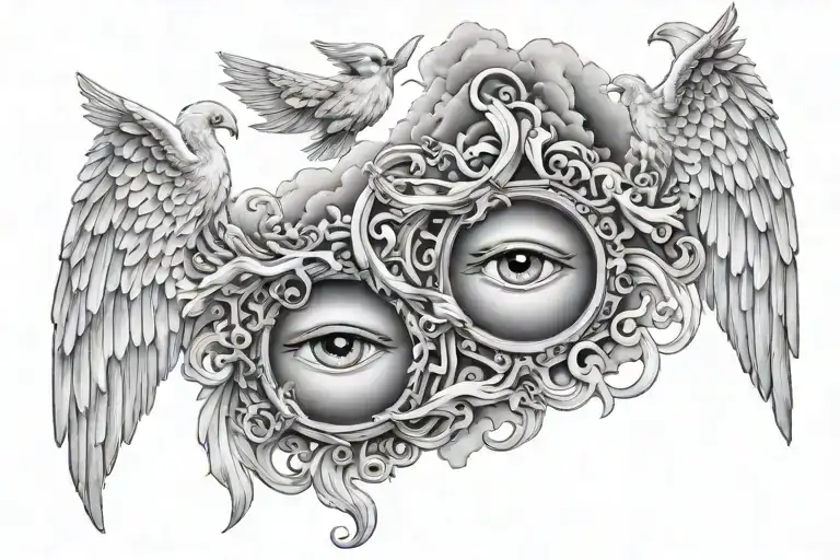 odyssey through the realm of consciousness clouds angel heaven birds eyes tattoo design idea