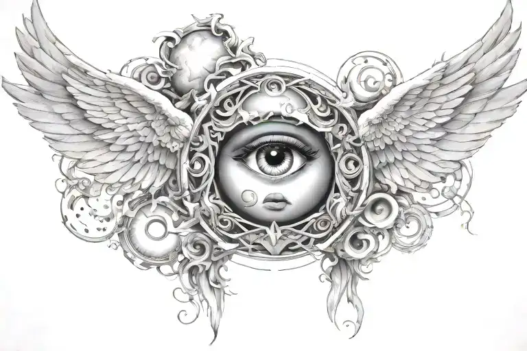 odyssey through the realm of consciousness clouds angel heaven birds eyes tattoo design idea