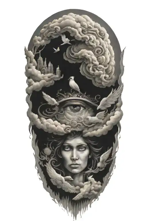 odyssey through the realm of consciousness clouds angel heaven birds eyes tattoo design idea