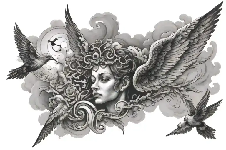 odyssey through the realm of consciousness clouds angel heaven birds eyes tattoo design idea