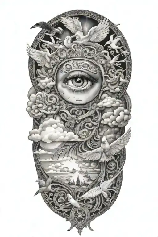 odyssey through the realm of consciousness clouds angel heaven birds eyes tattoo design idea