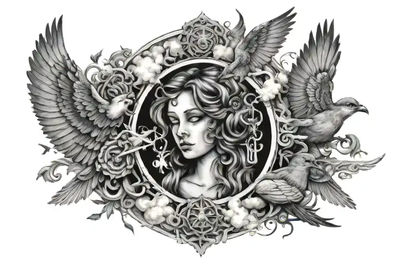 odyssey through the realm of consciousness clouds angel heaven birds eyes tattoo design idea