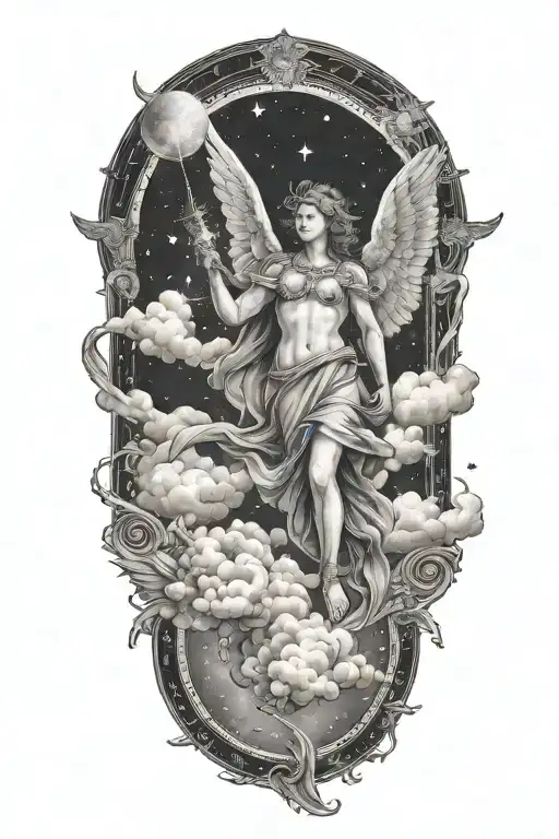 sky filled clouds  with constellations and a biblically accurate angel tattoo design idea