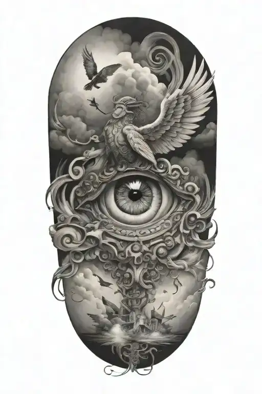 odyssey through the realm of consciousness clouds angel heaven birds eyes tattoo design idea