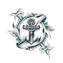 A stylized anchor tattoo with intricate floral patterns and a subtle image of Christ calming the storm, representing strength and faith in times of trouble tattoo design idea