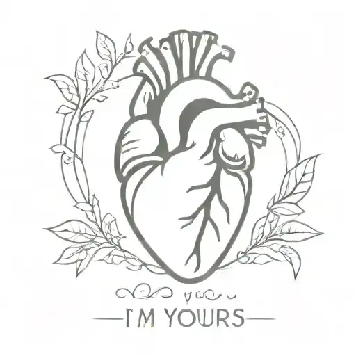 a fine line style tattoo design of a human heart with the phrase "I'm yours" blended into the heart tattoo design idea