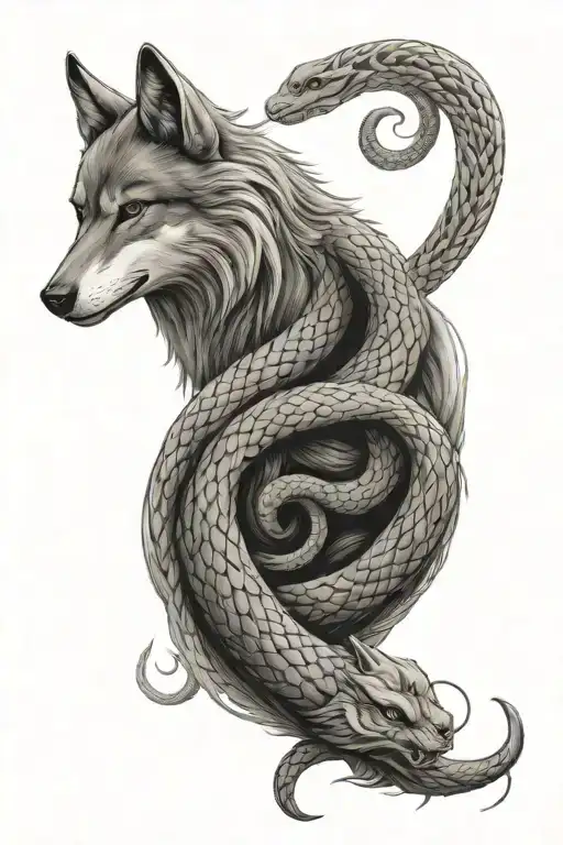 wolf and snake coiled tattoo design idea