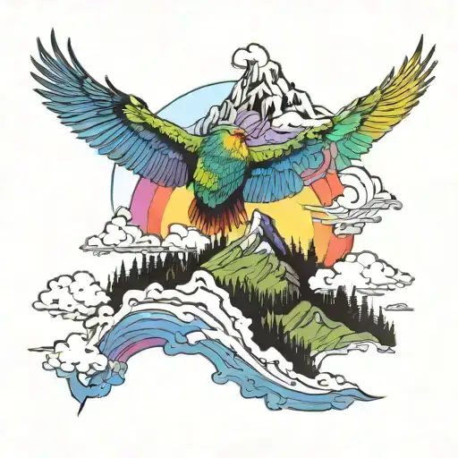 Appalachian mountains with rainbow and flying bird tattoo design idea