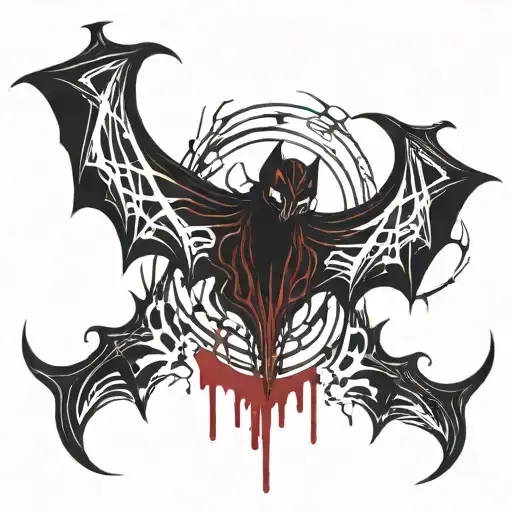 Fangs with blood dripping and bat wings wrapped tattoo design idea