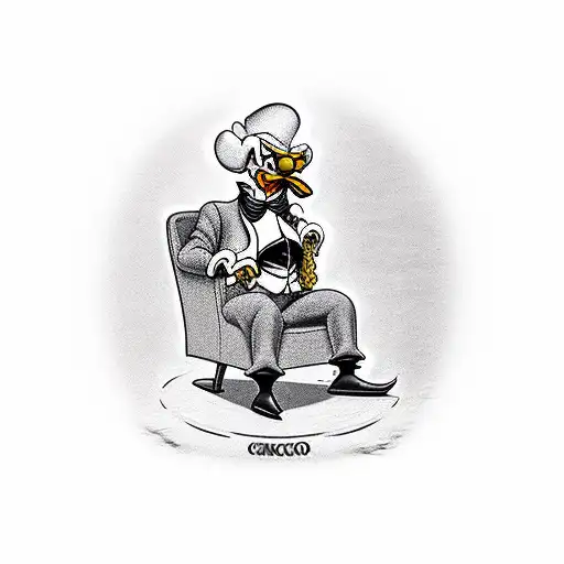 Scrooge McDuck sitting in a leather chair in a black suit.  Against the background of the casino and the roulette table tattoo design idea