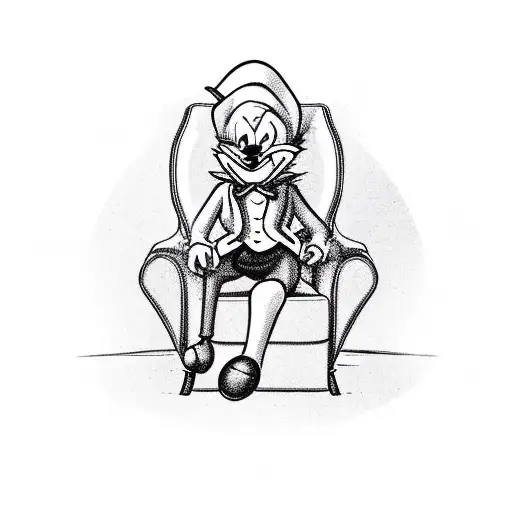 Scrooge McDuck sitting in a leather chair in a black suit.  Against the background of the casino and the roulette table tattoo design idea
